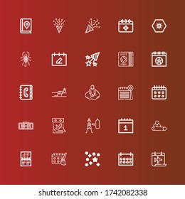 Iconos editables del calendario 25 para web y móvil. El juego de calendario incluye iconos línea Calendario, Confetti, Calendario, Charla, Fitness, Reloj digital, Astral, Libro de contactos, Guía de viajes en rojo