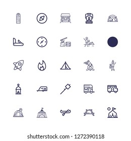 Editable 25 camp icons for web and mobile. Set of camp included icons line Camp, Picnic table, Canoe, Tent, Caravan, Marshmallow, Lantern, Bonfire, Adventure on white background