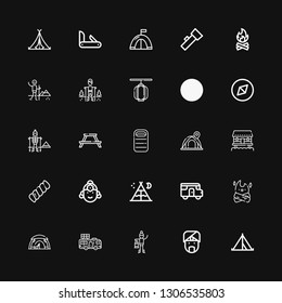 Editable 25 camp icons for web and mobile. Set of camp included icons line Tent, Indian, Lantern, Caravan, Bonfire, Marshmallow, Cabin, Sleeping bag, Picnic table on black background