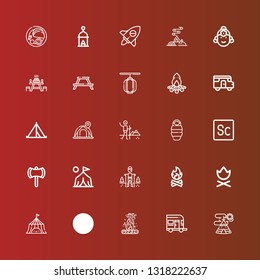 Editable 25 camp icons for web and mobile. Set of camp included icons line Indian tent, Caravan, Bonfire, Lantern, Tent, Campfire, Hiking, Camp, Ax, Scout, Sleeping bag on red
