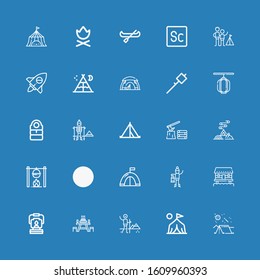 Editable 25 camp icons for web and mobile. Set of camp included icons line Camping, Camp, Hiking, Picnic table, Oil lamp, Cabin, Lantern, Tent, Bonfire, Firewood on blue background