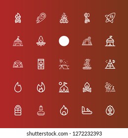 Editable 25 campfire icons for web and mobile. Set of campfire included icons line Fire, Penknife, Sleeping bag, Camping, Bonfire, Camp, Tent, Adventure, Tomahawk on red