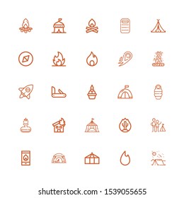 Editable 25 campfire icons for web and mobile. Set of campfire included icons line Camping, Fire, Tent, Sleeping bag, Flame, Penknife, Adventure, Bonfire on white background