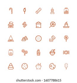 Editable 25 candy icons for web and mobile. Set of candy included icons line Cotton candy, Cookie, Cauldron, corn, Elf, Chocolate, Lollipop, Cookies on white background
