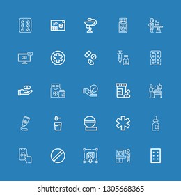 Editable 25 capsule icons for web and mobile. Set of capsule included icons line Pills, Veterinarian, d, Pill, Pharmacy, Medicine, Powder, Vitamins, Medicines on blue background