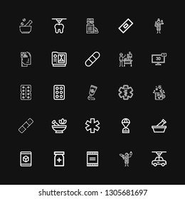 Editable 25 capsule icons for web and mobile. Set of capsule included icons line d, Veterinarian, Powder, Painkiller, Mortar, Space capsule, Medicine, Bandage on black background
