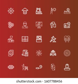 Editable 25 card icons for web and mobile. Set of card included icons line Fountain, Cards, Party whistle, Room service, Casino, Coin, Badge, Firework, Bill, Playing cards on red