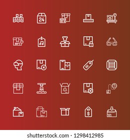Editable 25 cardboard icons for web and mobile. Set of cardboard included icons line Package, Price tag, Box, Boxes, Tag, Vr glasses, d glasses, Label, Conveyor on red