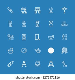 Editable 25 care icons for web and mobile. Set of care included icons line Gardener, Nurse, Washing, Pruning shears, Vials, Walking stick, Leaves, Watering can on blue background