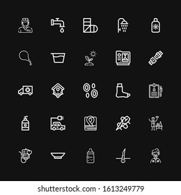 Editable 25 care icons for web and mobile. Set of care included icons line Grandfather, Hair, Feeding bottle, Bowl, Blood transfusion, Spa, Needle, Robe, Electric car on black background