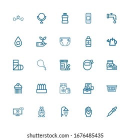 Editable 25 care icons for web and mobile. Set of care included icons line Pipette, Love, Shower, Hamster, d, Laundry, Peace, Medicines, Plant, Comb, Mask on white background