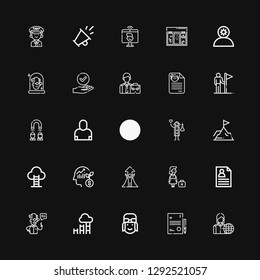 Editable 25 career icons for web and mobile. Set of career included icons line Employee, Resume, Pilot, Goal, Scientist, CV, Dismissed, Success, Achievement on black background