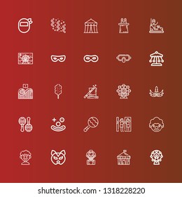 Editable 25 carnival icons for web and mobile. Set of carnival included icons line Ferris wheel, Circus, Clown, Mask, Amusement park, Maraca, Maracas, Magic, Cotton candy on red