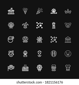 Editable 25 carnival icons for web and mobile. Set of carnival included icons line Jester, Disguise, Ferris wheel, Roller coaster, Eye mask, Surprised, Mask on black background