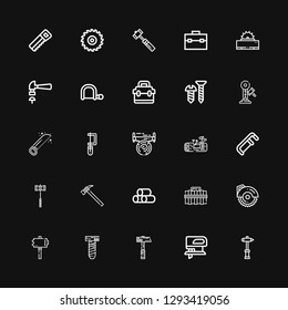 Editable 25 carpentry icons for web and mobile. Set of carpentry included icons line Hammer, Fretsaw, Screw, Circular saw, Toolbox, Wood, Saw, Hacksaw on black background