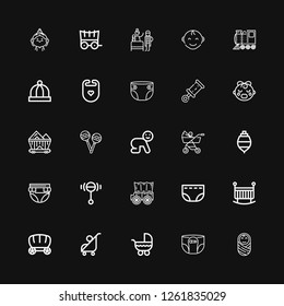 Editable 25 carriage icons for web and mobile. Set of carriage included icons line Baby, Diaper, Stroller, Wagon, Crib, Carriage, Rattle, Spinning top, Baby carriage on black background