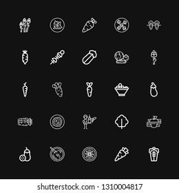Editable 25 carrot icons for web and mobile. Set of carrot included icons line Cabbage, Carrot, Vegan food, Sour soup, Aubergine, Diet, Lettuce, Feeder, Carrots on black background