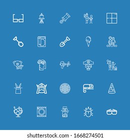 Editable 25 cartoon icons for web and mobile. Set of cartoon included icons line Sunglasses, Beetle, Cookies, Condoms, Ice cream, Pizza, Chameleon, Baozi, Samurai on blue background