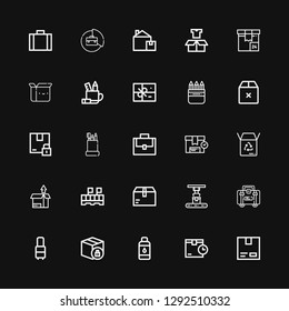 Editable 25 case icons for web and mobile. Set of case included icons line Cardboard, Package, Contact lens, Suitcase, Briefcase, Box, Pencil case, Pencil box on black background
