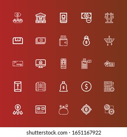 Bearbeitbar 25 Cash Icons für Web und Mobile. Set mit Bargeld-Icons Zeile Bitcoin, Purse, Mastercard, Budget, Coin, Geldbeutel, Brust, Voucher, Steuer, Brieftasche, E-Commerce, Check on red