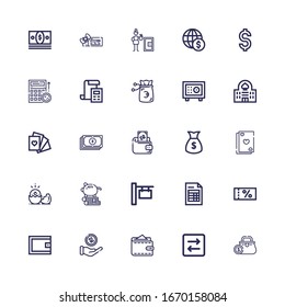 Editable 25 iconos en efectivo para web y móvil. Conjunto de efectivo incluido iconos línea Depósito, Transferencia, Cartera, Dinero, Bolso, Factura, Signo, Banco de Cerdo, Tarjetas, Yuan sobre fondo blanco