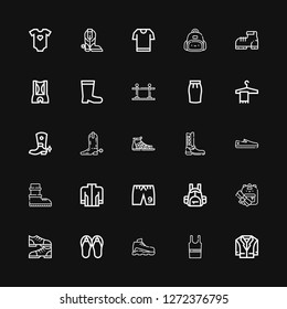 Editable 25 casual icons for web and mobile. Set of casual included icons line Jacket, Sleeveless shirt, Sneaker, Sandals, Shoes, Backpack, Shorts, Boots, Boot on black background