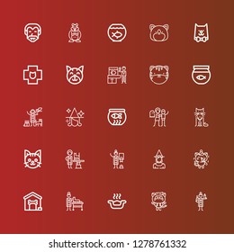 Editable 25 cat icons for web and mobile. Set of cat included icons line Veterinarian, Kitty, Litter box, Dog house, Witch, Cat, Haunted house, Fish bowl, Tiger, Veterinary on red