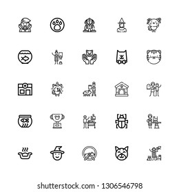 Editable 25 cat icons for web and mobile. Set of cat included icons line Veterinarian, Cat, Hamster ball, Witch, Litter box, Fleas, Pet, Fish bowl, Haunted house on white background