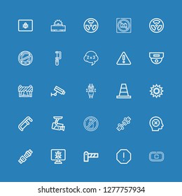 Editable 25 caution icons for web and mobile. Set of caution included icons line Stop, Spam, Barrier, Malware, Seat belt, Failure, No alcohol, Cctv, Saw, Explosion on blue background