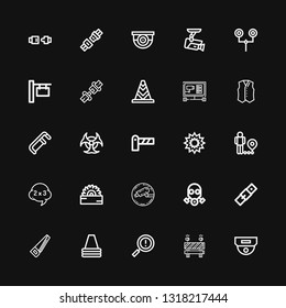 Editable 25 caution icons for web and mobile. Set of caution included icons line Cctv, Barrier, Warning, Cone, Saw, Belt, Gas mask, Problem, Restriction, Explosion on black background