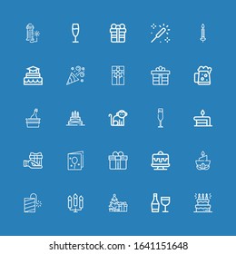 Editable 25 celebrate icons for web and mobile. Set of celebrate included icons line Cake, Wine, Christmas tree, Candles, Petard, Candle, Gift, Birthday card on blue background