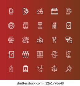 Editable 25 cell icons for web and mobile. Set of cell included icons line Honey, Molecule, Call, Proteins, Portable, Smartphone, Prisoner, Cloning, Contacts, Responsive on red