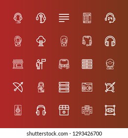 Editable 25 center icons for web and mobile. Set of center included icons line Focus, Servers, Shop, Headphones, Admin, Archery, Support, Server, Operator, Receptionist on red