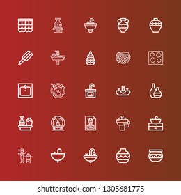 Editable 25 ceramic icons for web and mobile. Set of ceramic included icons line Pottery, Vase, Sink, Ceramic, Basin, Sour soup, Hob, Hair straightener, Amphora, Roof on red