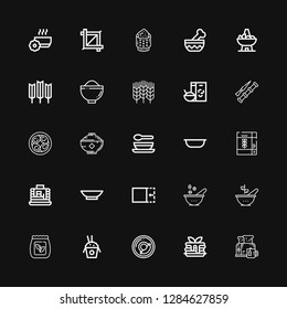 Editable 25 cereal icons for web and mobile. Set of cereal included icons line Breakfast, Pancake, Rice, Seed bag, Bowl, Crop, Pancakes, Cereal, Soup, Soy eggs on black background
