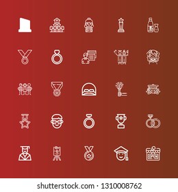 Editable 25 ceremony icons for web and mobile. Set of ceremony included icons line Open, Graduated, Medal, Wedding sign, Graduation, Rings, Trophy, Ring, Student, Graduation cap on red