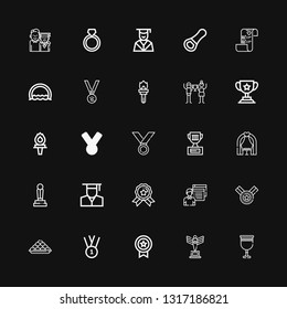 Editable 25 ceremony icons for web and mobile. Set of ceremony included icons line Goblet, Trophy, Medal, Laddu, Student, Graduate, Wedding arch, Torch, Triumph on black background