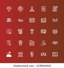 Editable 25 certificate icons for web and mobile. Set of certificate included icons line Learning, Banner, Prize, Success, Diploma, Certificate, Laurel, Ribbon, Stamp, Voucher on red