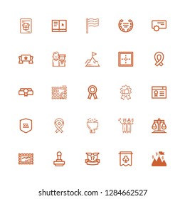 Editable 25 certificate icons for web and mobile. Set of certificate included icons line Success, Banner, Ribbons, Stamp, Justice, Graduation, Learning, Ribbon on white background