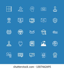 Editable 25 certificate icons for web and mobile. Set of certificate included icons line Ribbon, Seal, Reward, Diploma, Certificate, Holden, Success, Passport on blue background
