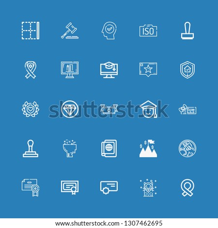 Editable 25 certificate icons for web and mobile. Set of certificate included icons line Ribbon, Seal, Reward, Diploma, Certificate, Holden, Success, Passport on blue background