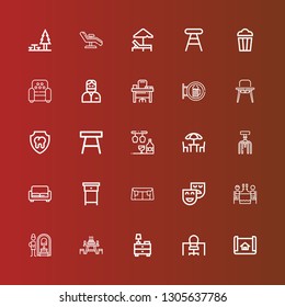 Editable 25 chair icons for web and mobile. Set of chair included icons line House plan, Office, Nightstand, Picnic table, Russian banya, Romantic dinner, Theatre, Sofa on red