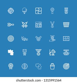 Editable 25 challenge icons for web and mobile. Set of challenge included icons line Target, Bucket, Puzzle, Medal, Fishing, Dartboard, Medals, Topping, Darts on blue background