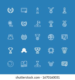 Editable 25 champion icons for web and mobile. Set of champion included icons line Certificate, Medal, Podium, Boxing gloves, Tennis, Laurel, Trophy, Recognition on blue background
