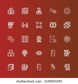 Editable 25 chance icons for web and mobile. Set of chance included icons line Slot machine, Casino chip, Ace, Poker, Casino, Roulette, Dice, Dices, Poker table, Gamblers on red