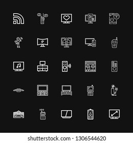 Editable 25 channel icons for web and mobile. Set of channel included icons line Television, Remote control, Walkie talkie, Rialto bridge, Tv, Control panel on black background