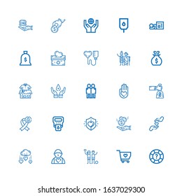 Editable 25 charity icons for web and mobile. Set of charity included icons line Help, Solidarity, Charity, Donor, Donation, Hemoglobin, Blood donation, Money bag on white background