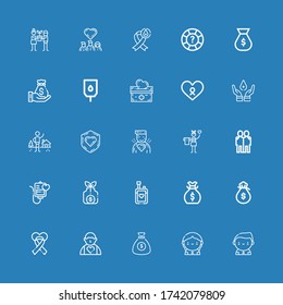 Editable 25 íconos de caridad para web y móvil. El conjunto de organizaciones de beneficencia incluía íconos como Donante, Bolsa de Dinero, Caridad, donación de sangre, transfusión de sangre, Abrazo, Donación sobre fondo azul