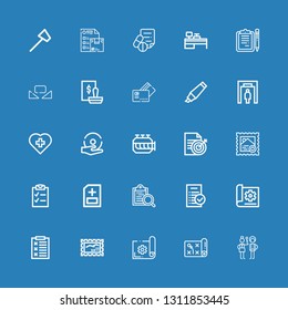 Editable 25 check icons for web and mobile. Set of check included icons line Check in, Planning, Stamp, Report, Document, Tasks, Clipboard, Medical report, Checklist on blue background