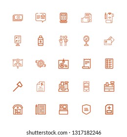 Editable 25 check icons for web and mobile. Set of check included icons line Medical report, Ssl, Cash machine, Sheet, Warehouse, Cash register, Payment method on white background